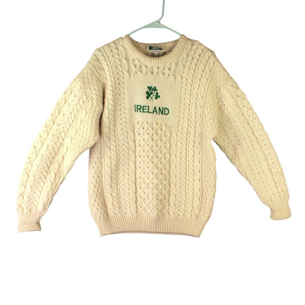 Blarney Woolen Mills Sweater Sz M Beige Pullover Wool Ireland Chunky Fisherman